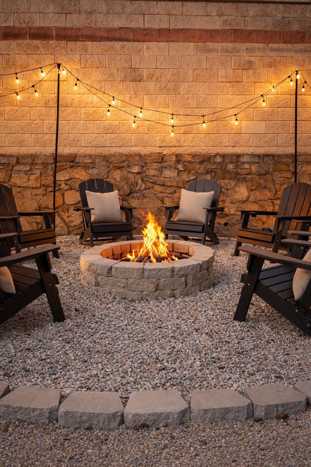 Stone fire pit at night
